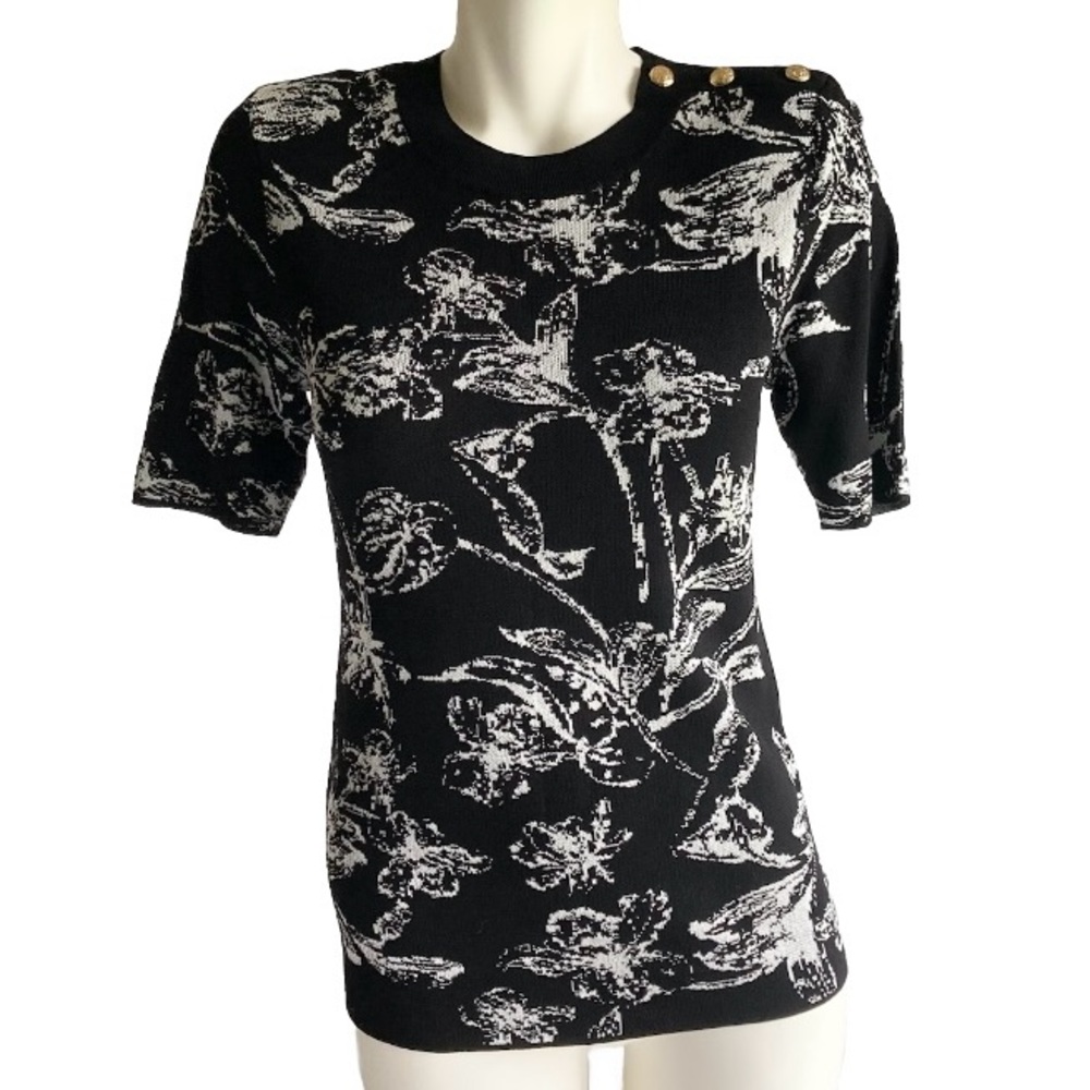 New White House Black Market White Black Rayon Nylon Short Sleeve Top size S